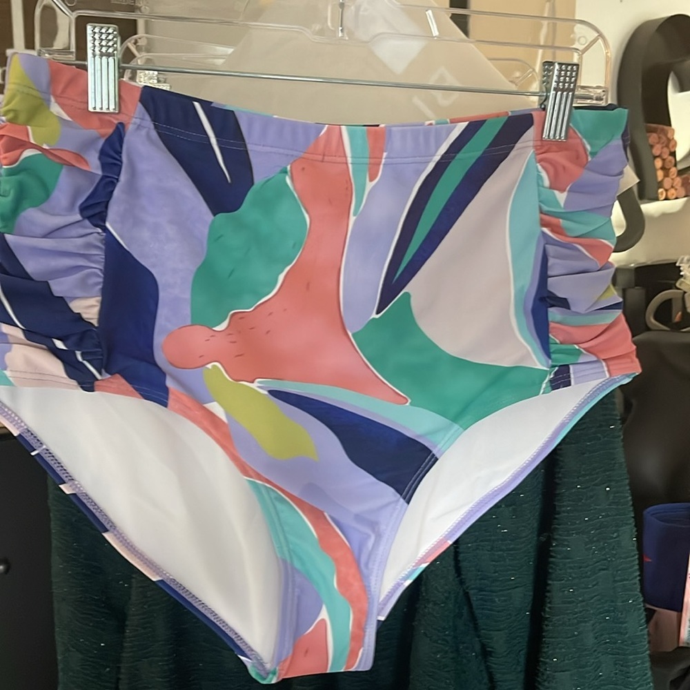 NWT, Sz 14-16, 1X, Tropical Plant Print Ruched Contrast Bikini Bottom - Picture 4 of 6